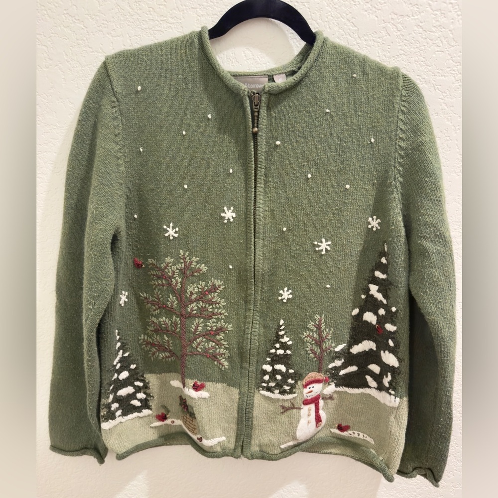 Croft and Barrow Green Holiday Cardigan with Snowman Design